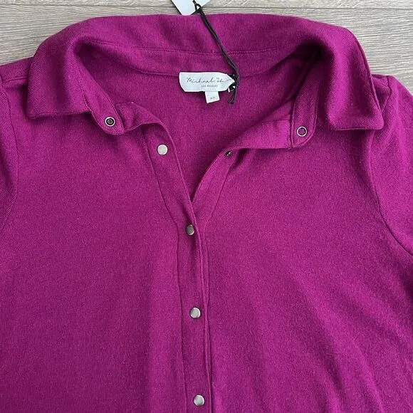 MICHAEL STARS Helen Snap Front Polo Top XS Madison Brushed Jersey Berry Purple
