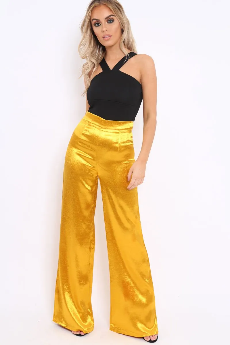 Mustard Satin High Waist Flare Trousers -Tisha