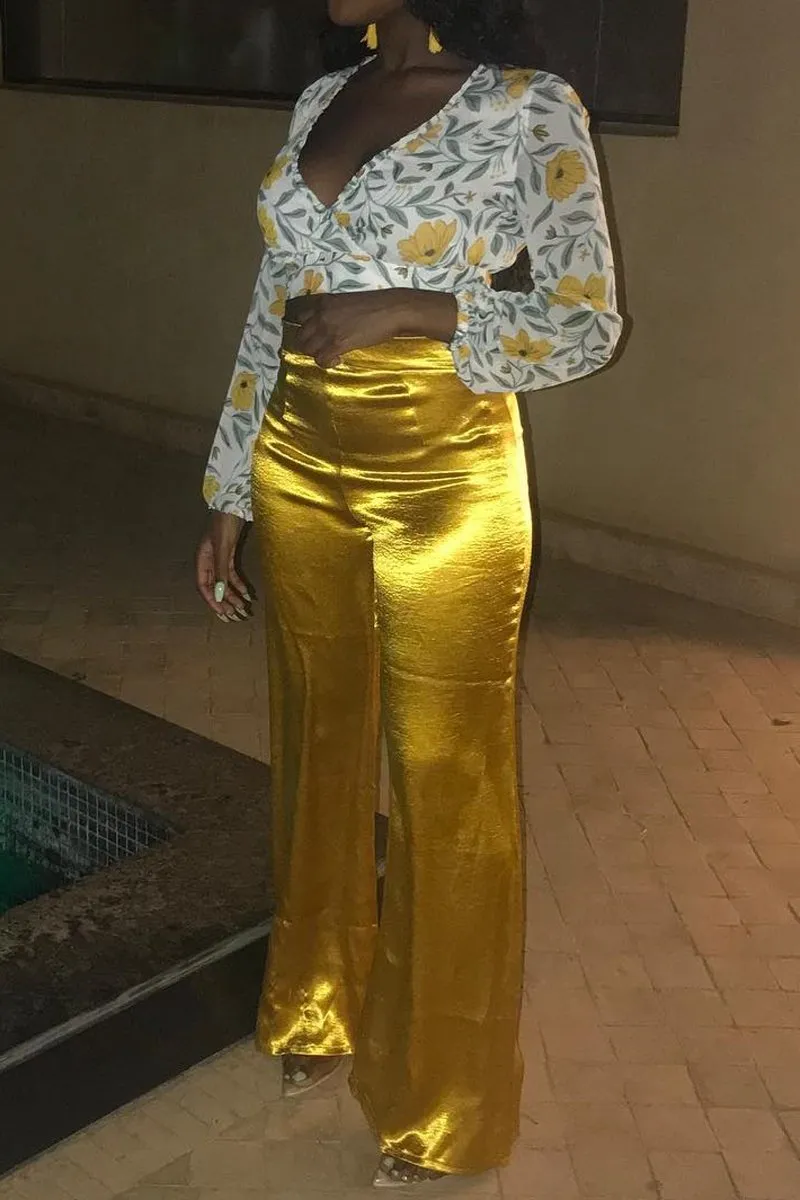 Mustard Satin High Waist Flare Trousers -Tisha