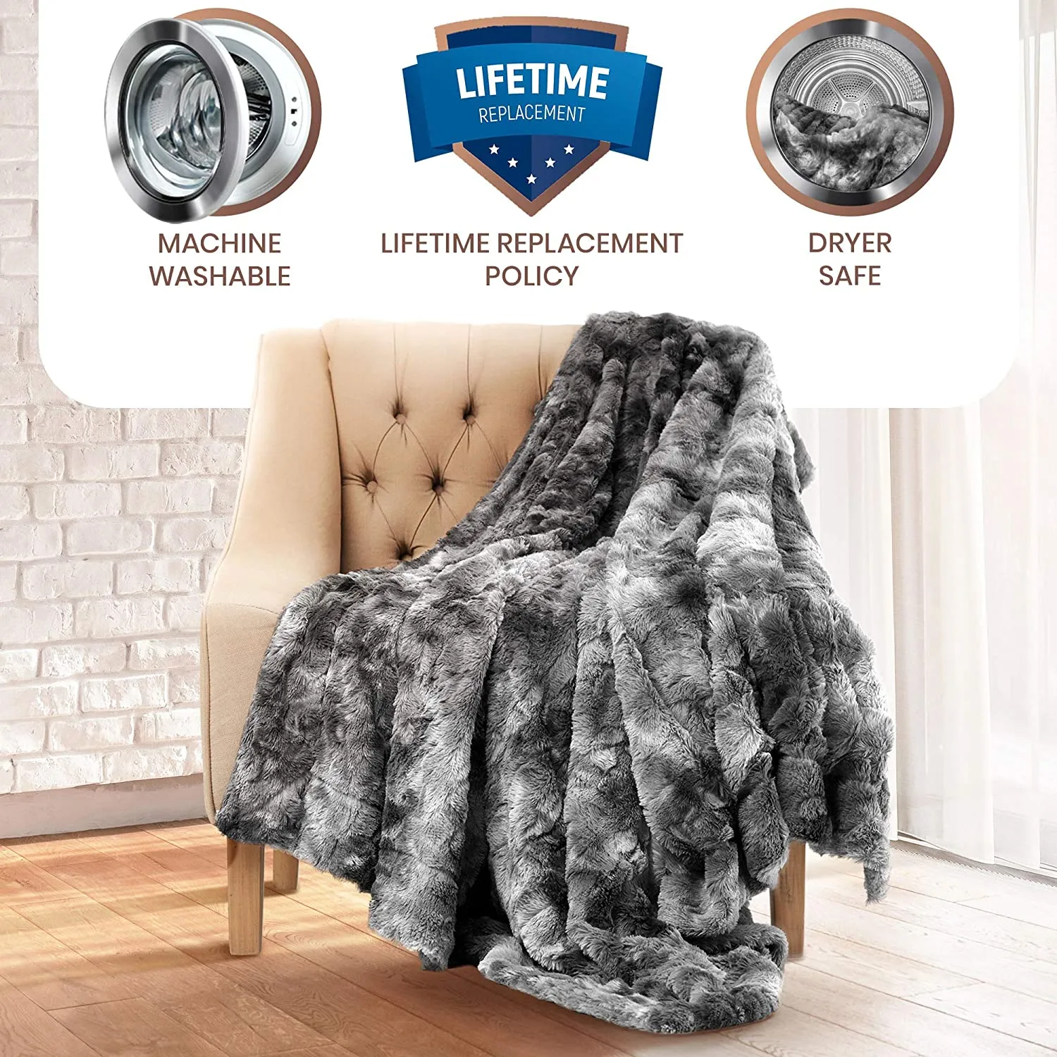 New Everlasting Comfort Luxury Faux Fur Throw Blanket - Soft, Fluffy, Warm, Cozy, Minky, Comfy, Plush (Grey) 50"X65"