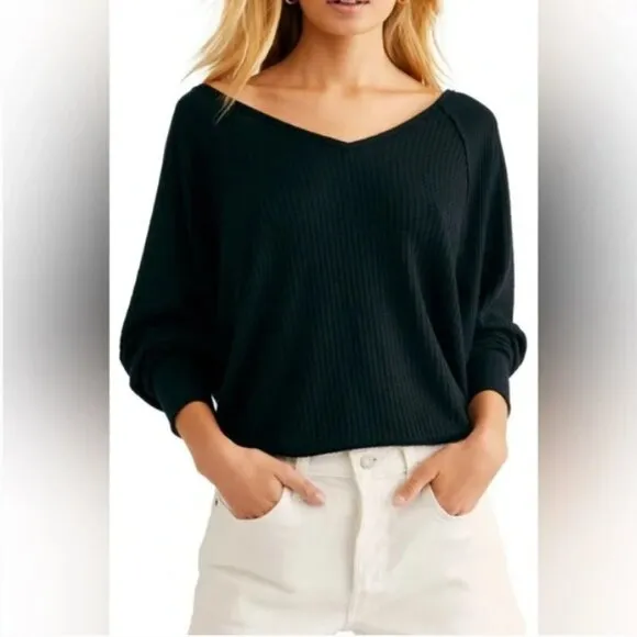 NEW Free People Santa Clara Thermal Long Sleeve top in Black Size S  NWT
