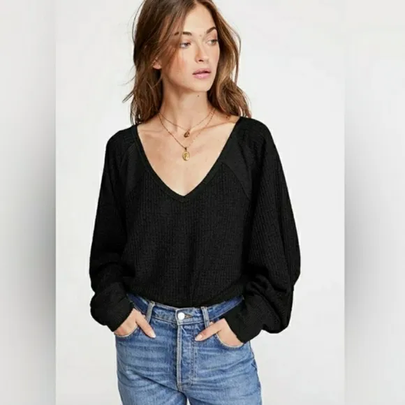 NEW Free People Santa Clara Thermal Long Sleeve top in Black Size S  NWT
