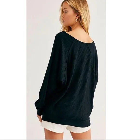 NEW Free People Santa Clara Thermal Long Sleeve top in Black Size S  NWT