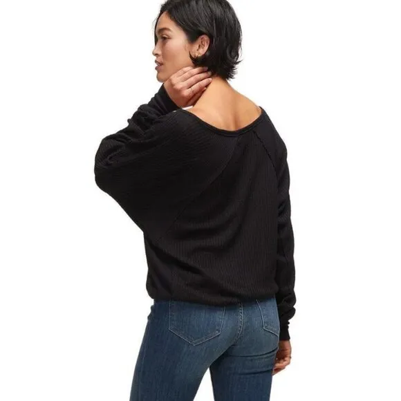NEW Free People Santa Clara Thermal Long Sleeve top in Black Size S  NWT