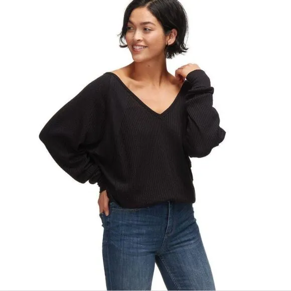 NEW Free People Santa Clara Thermal Long Sleeve top in Black Size S  NWT