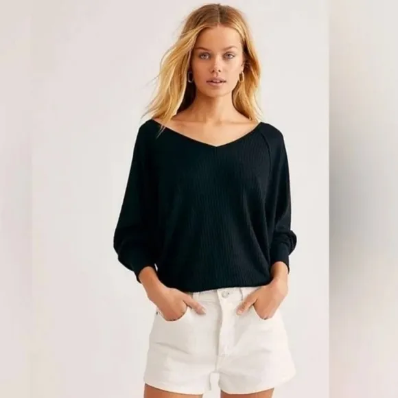 NEW Free People Santa Clara Thermal Long Sleeve top in Black Size S  NWT