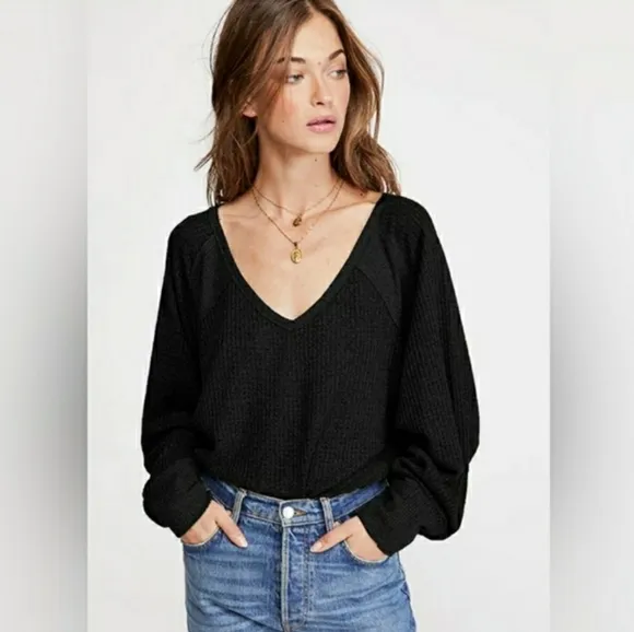 NEW Free People Santa Clara Thermal Long Sleeve top in Black Size S  NWT