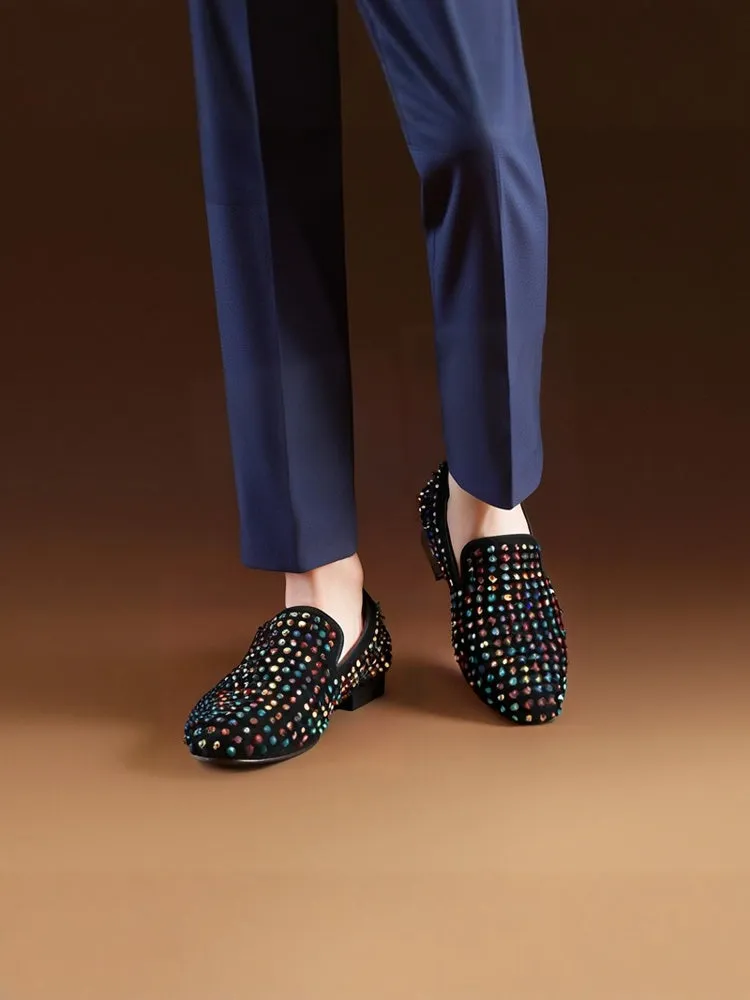 New imported black nubuck leather multi-color rivet handmade loafers European and American fashion party style slip-on trendy shoes for men