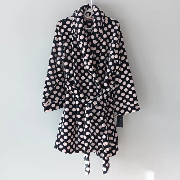 New Kate Spade Plush Bathrobe Fleece Belted Polka Dot Black White Pink Medium