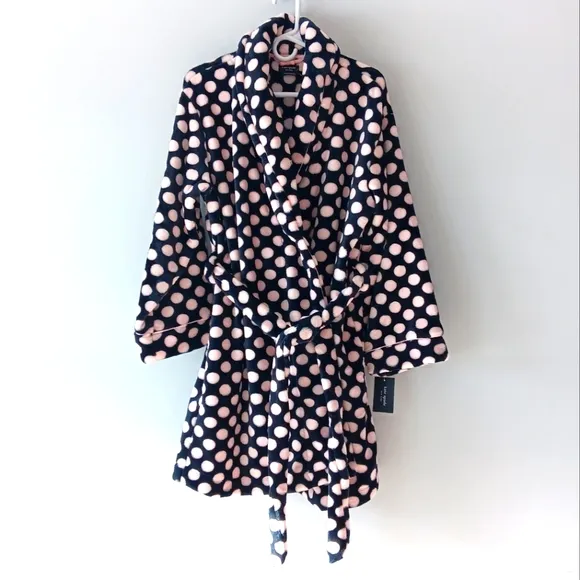 New Kate Spade Plush Bathrobe Fleece Belted Polka Dot Black White Pink Medium