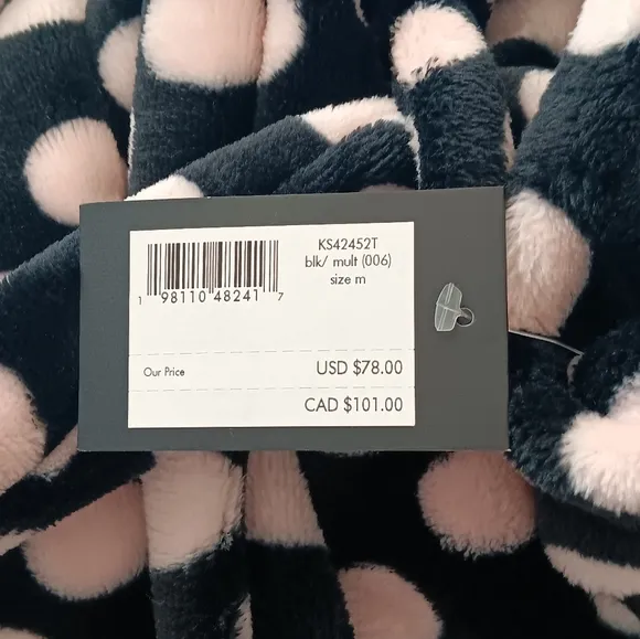 New Kate Spade Plush Bathrobe Fleece Belted Polka Dot Black White Pink Medium