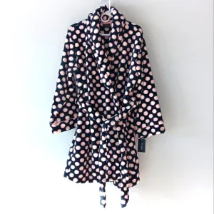 New Kate Spade Plush Bathrobe Fleece Belted Polka Dot Black White Pink Medium