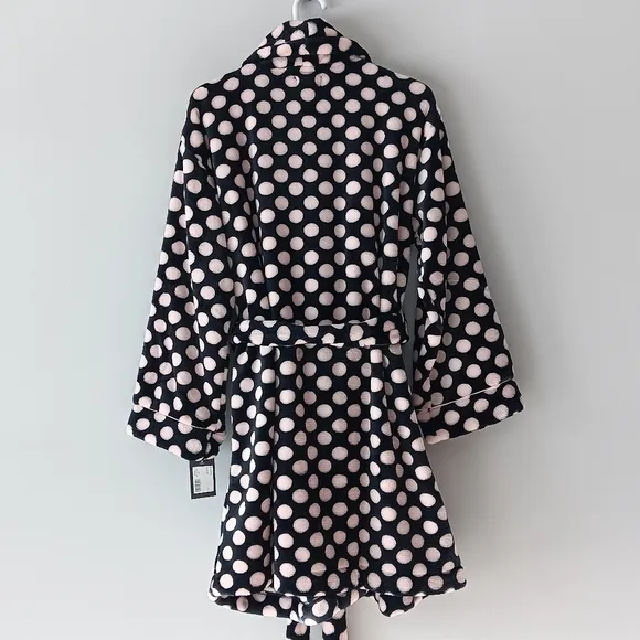 New Kate Spade Plush Bathrobe Fleece Belted Polka Dot Black White Pink Medium