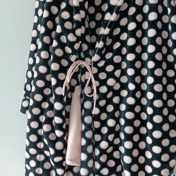 New Kate Spade Plush Bathrobe Fleece Belted Polka Dot Black White Pink Medium