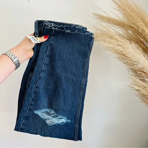 NEW OLD NAVY Blue Distressed High Waisted Button Fly Straight Leg Denim Jeans 10