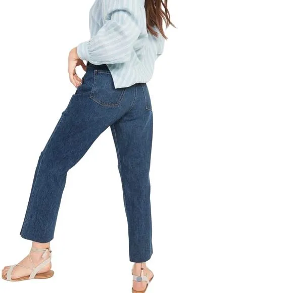 NEW OLD NAVY Blue Distressed High Waisted Button Fly Straight Leg Denim Jeans 10
