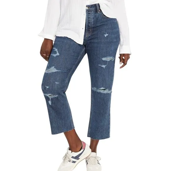 NEW OLD NAVY Blue Distressed High Waisted Button Fly Straight Leg Denim Jeans 10