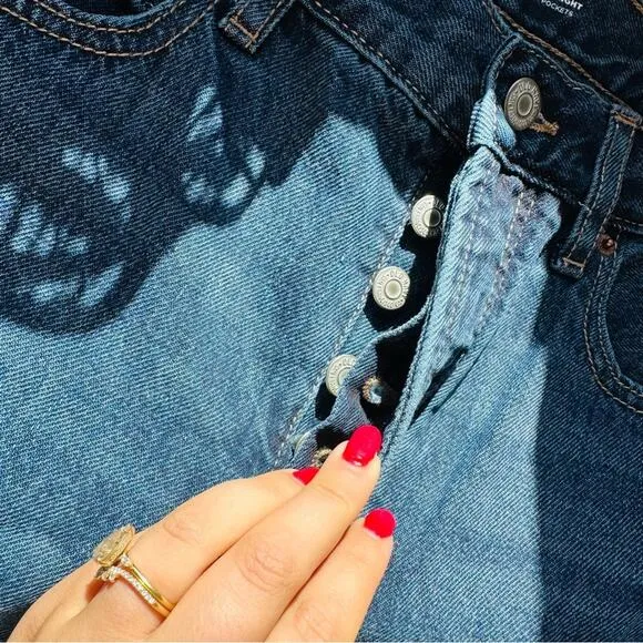 NEW OLD NAVY Blue Distressed High Waisted Button Fly Straight Leg Denim Jeans 10