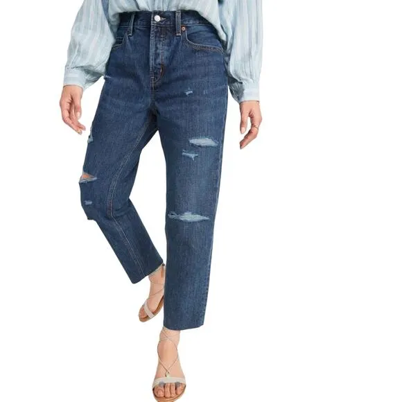 NEW OLD NAVY Blue Distressed High Waisted Button Fly Straight Leg Denim Jeans 10