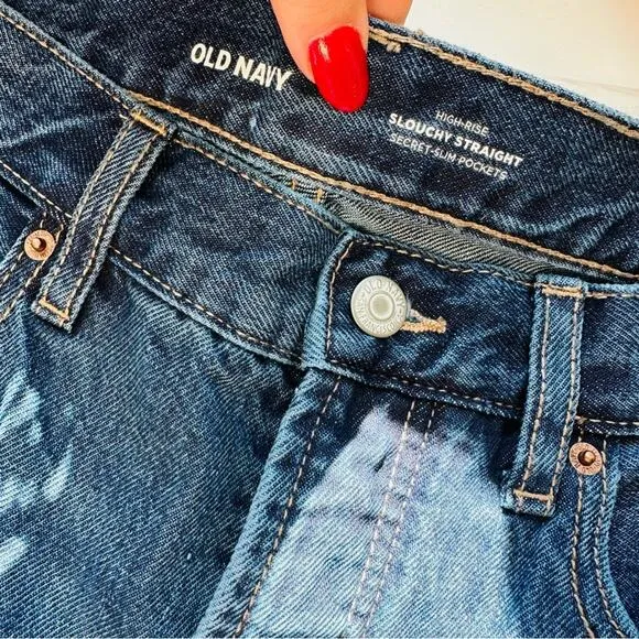 NEW OLD NAVY Blue Distressed High Waisted Button Fly Straight Leg Denim Jeans 10
