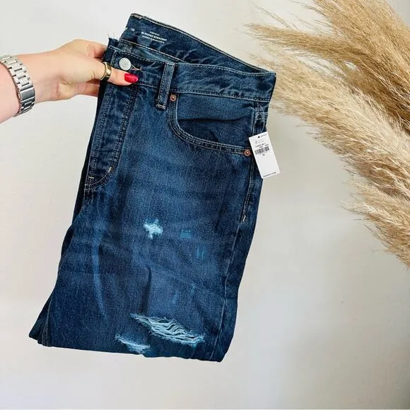 NEW OLD NAVY Blue Distressed High Waisted Button Fly Straight Leg Denim Jeans 10