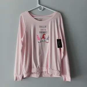 New Rene Rofe Pajama Top Chillin with my Gnomies Long-Sleeve Loose Pink Large