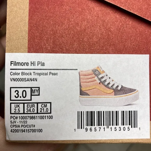 NEW Vans Filmore Hi Platform Color Block Tropical Peach Youth