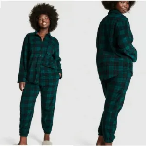New Victorias Secret Polar Fleece Plaid Embroidered Button Up Jogger Pajama Set