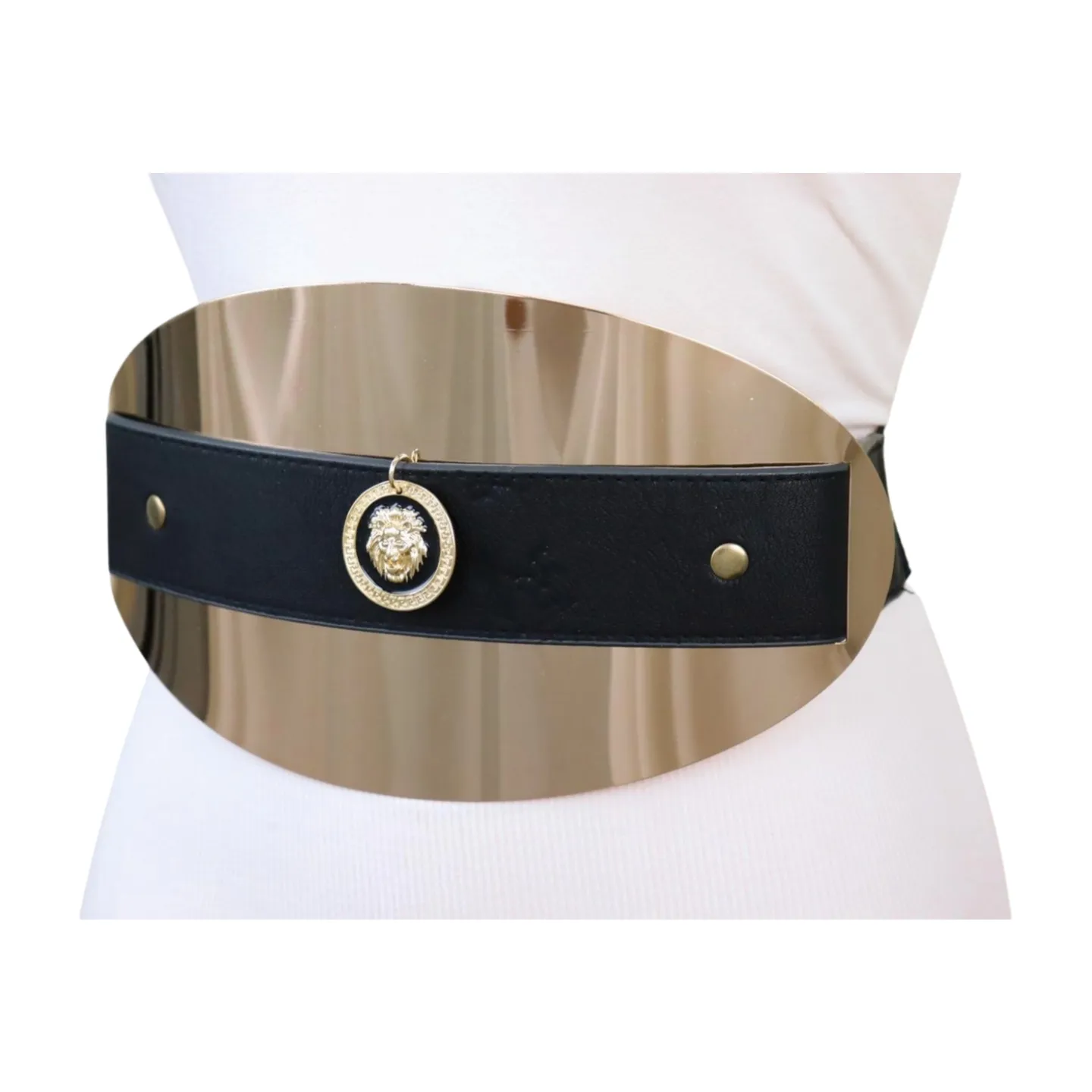 New Women Black Elastic Fashion Belt Hip Waist Gold Metal Big Oval Plate Lion Coin Adjustable Size S M