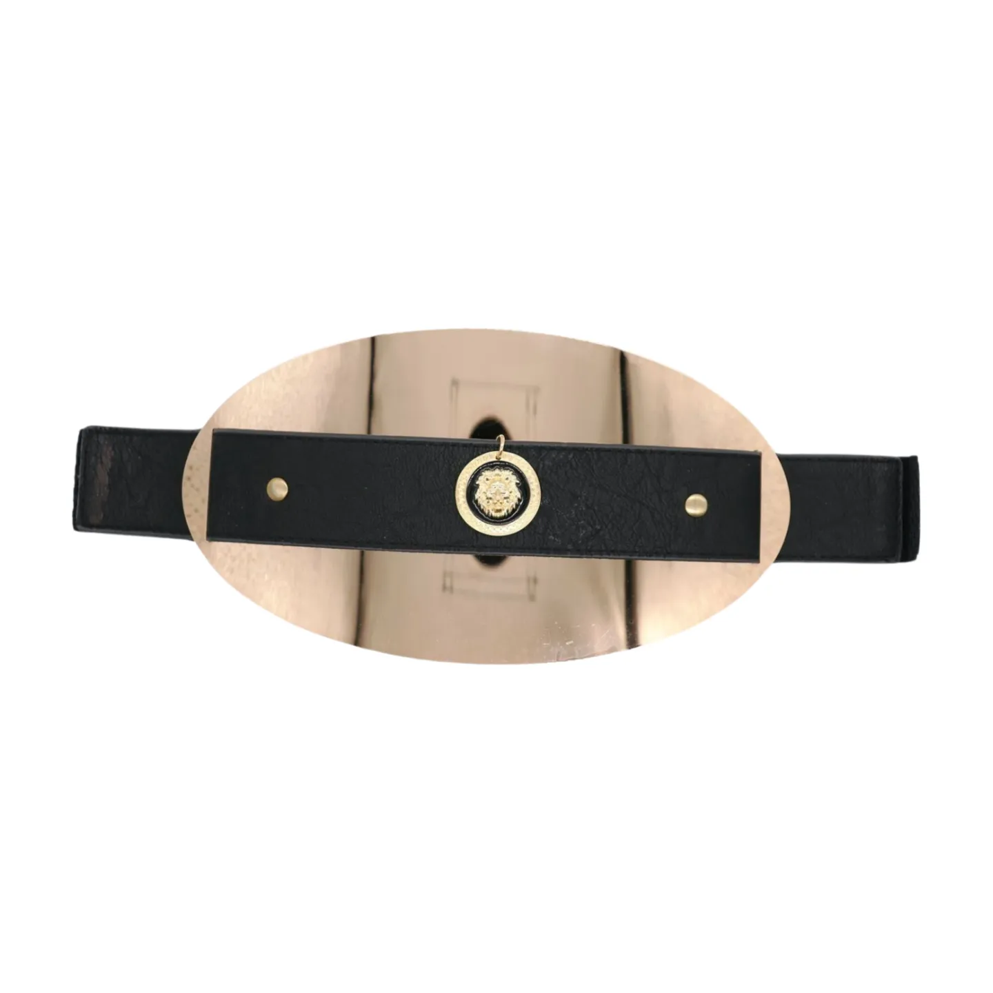 New Women Black Elastic Fashion Belt Hip Waist Gold Metal Big Oval Plate Lion Coin Adjustable Size S M
