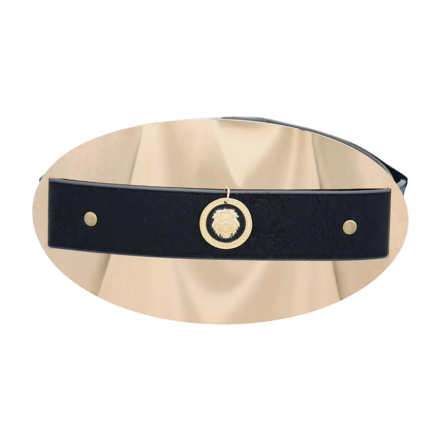 New Women Black Elastic Fashion Belt Hip Waist Gold Metal Big Oval Plate Lion Coin Adjustable Size S M