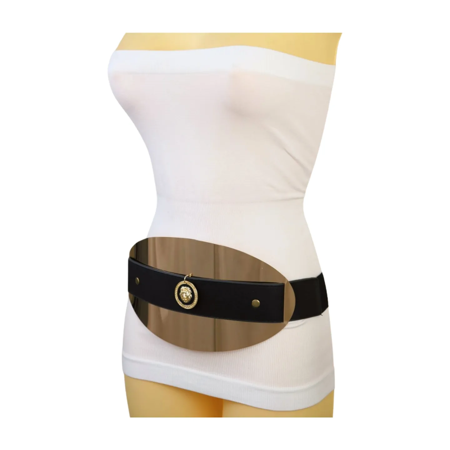 New Women Black Elastic Fashion Belt Hip Waist Gold Metal Big Oval Plate Lion Coin Adjustable Size S M