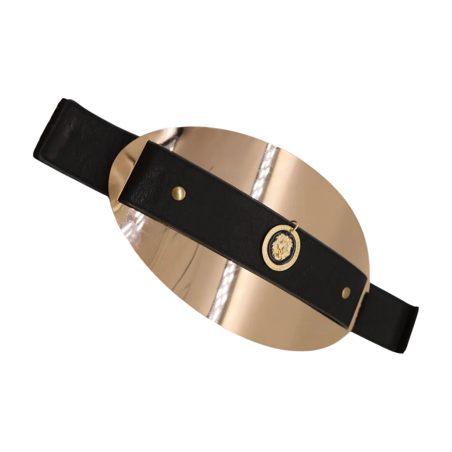 New Women Black Elastic Fashion Belt Hip Waist Gold Metal Big Oval Plate Lion Coin Adjustable Size S M