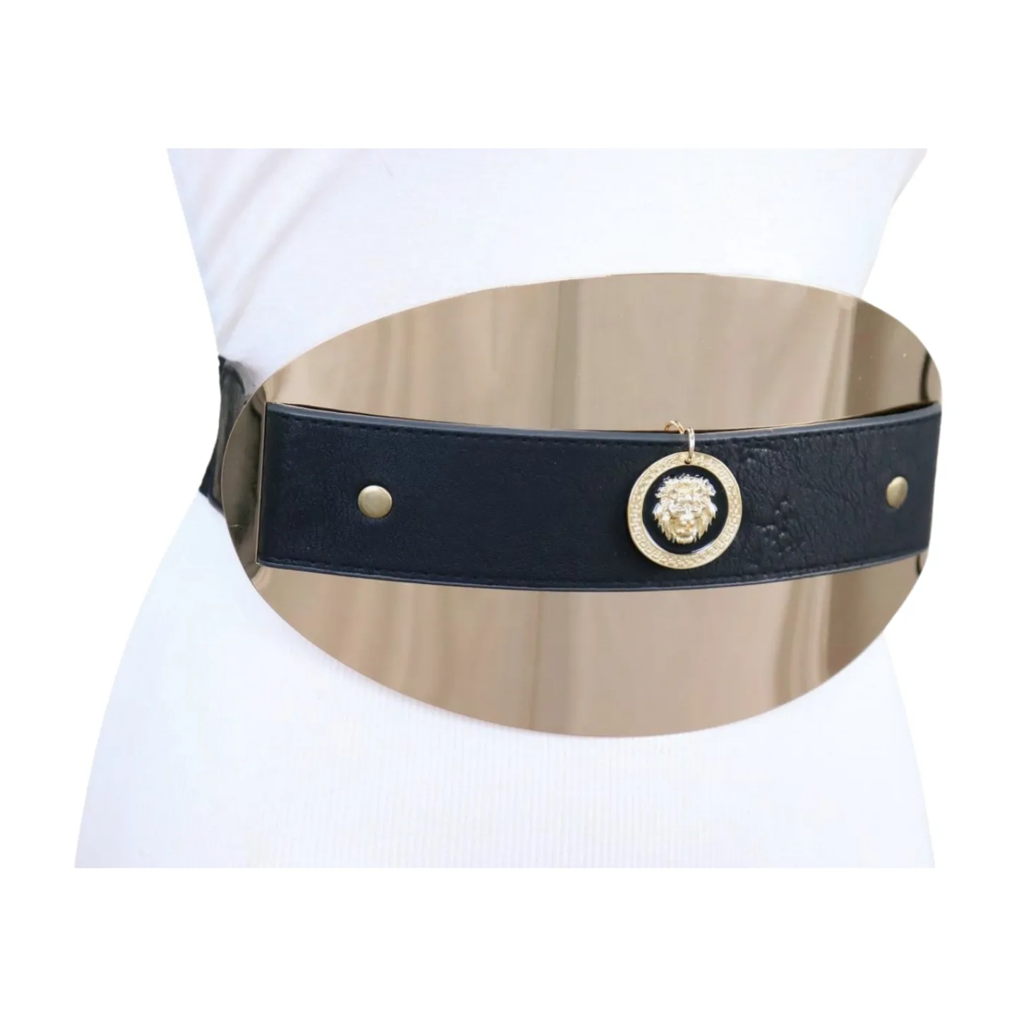 New Women Black Elastic Fashion Belt Hip Waist Gold Metal Big Oval Plate Lion Coin Adjustable Size S M
