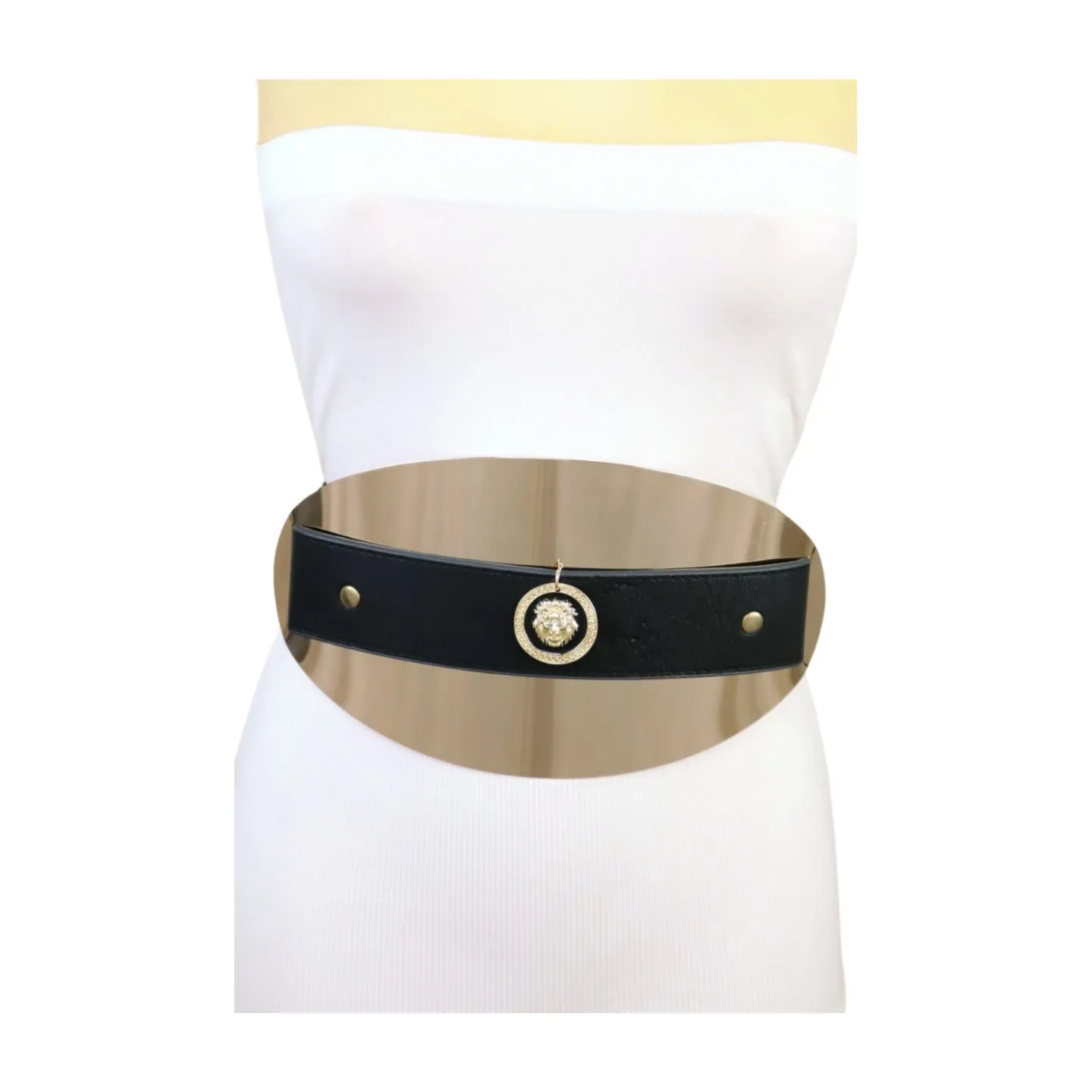 New Women Black Elastic Fashion Belt Hip Waist Gold Metal Big Oval Plate Lion Coin Adjustable Size S M