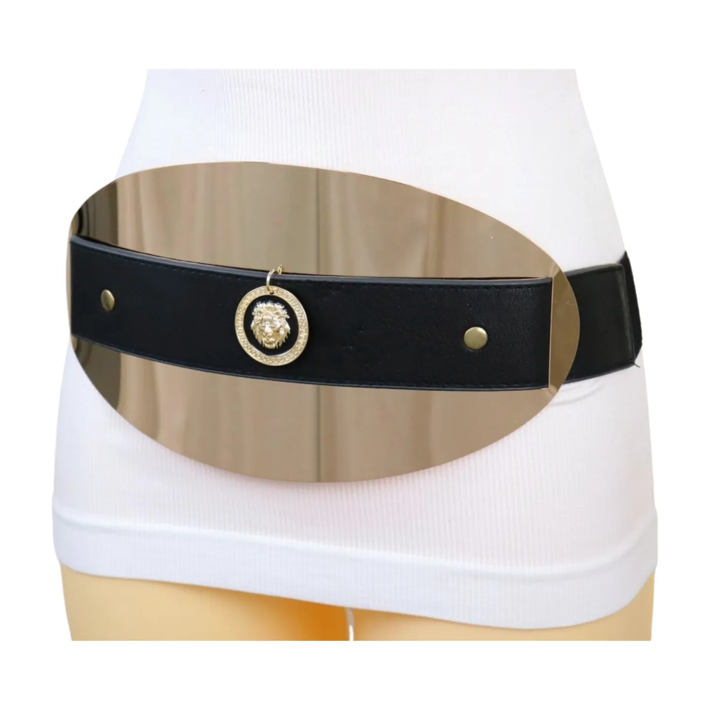 New Women Black Elastic Fashion Belt Hip Waist Gold Metal Big Oval Plate Lion Coin Adjustable Size S M