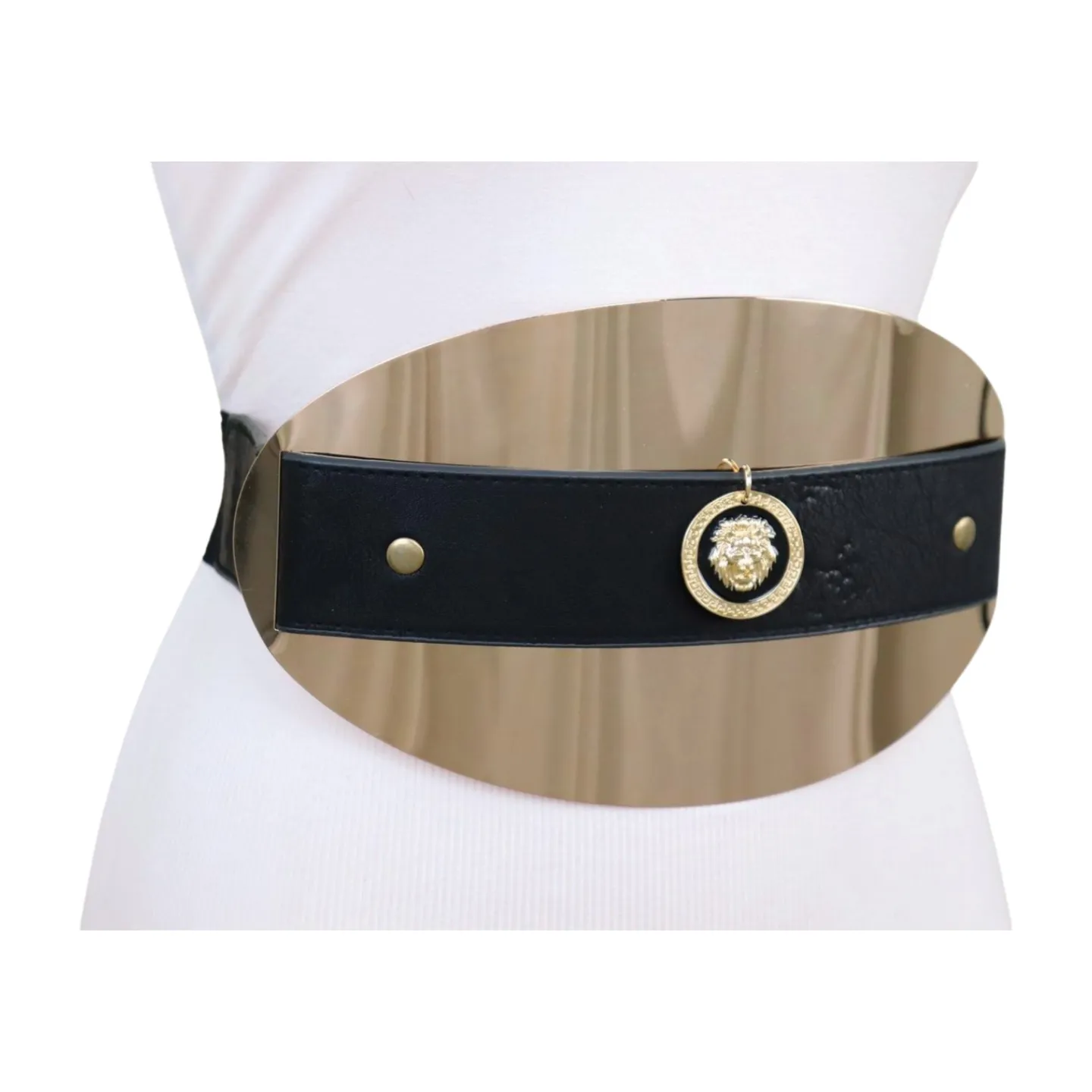 New Women Black Elastic Fashion Belt Hip Waist Gold Metal Big Oval Plate Lion Coin Adjustable Size S M