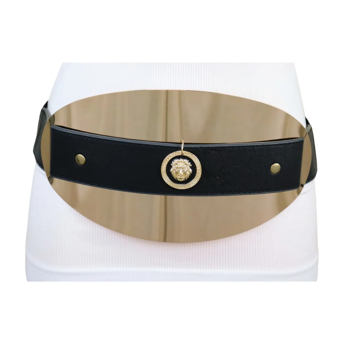 New Women Black Elastic Fashion Belt Hip Waist Gold Metal Big Oval Plate Lion Coin Adjustable Size S M