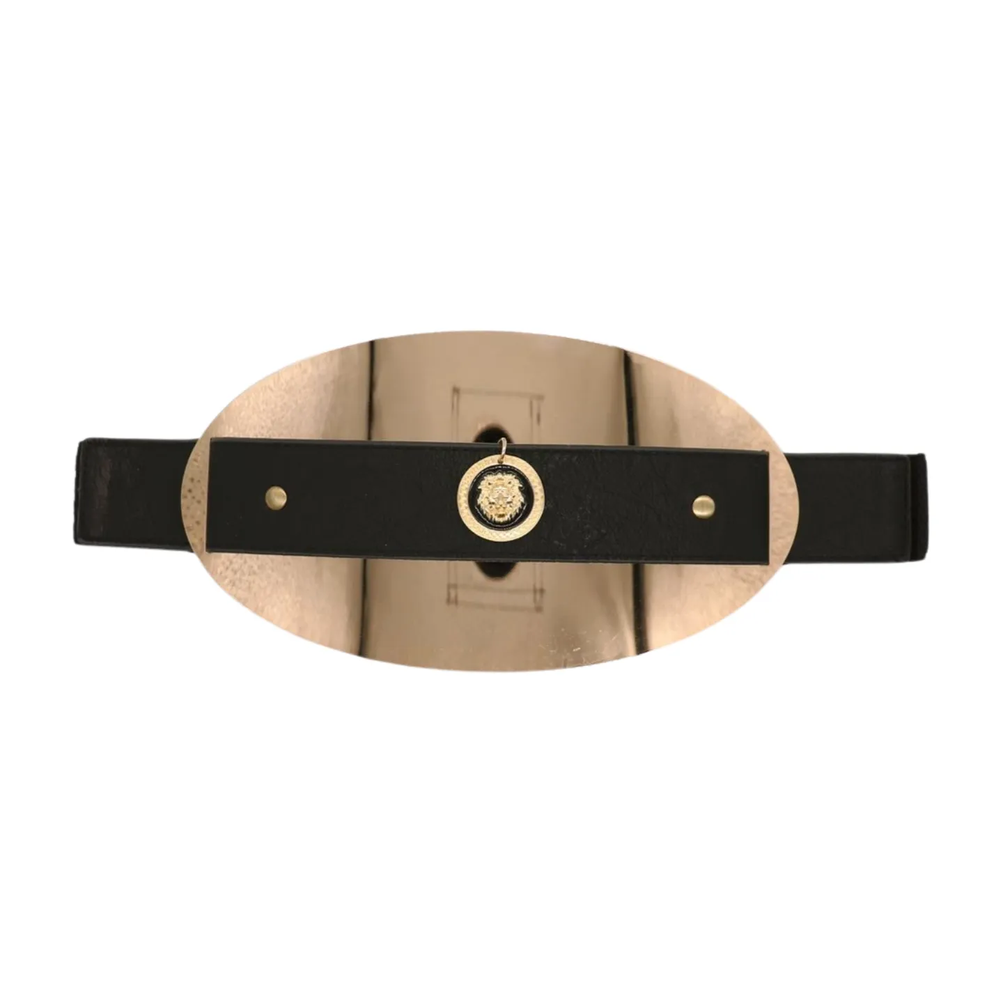 New Women Black Elastic Fashion Belt Hip Waist Gold Metal Big Oval Plate Lion Coin Adjustable Size S M