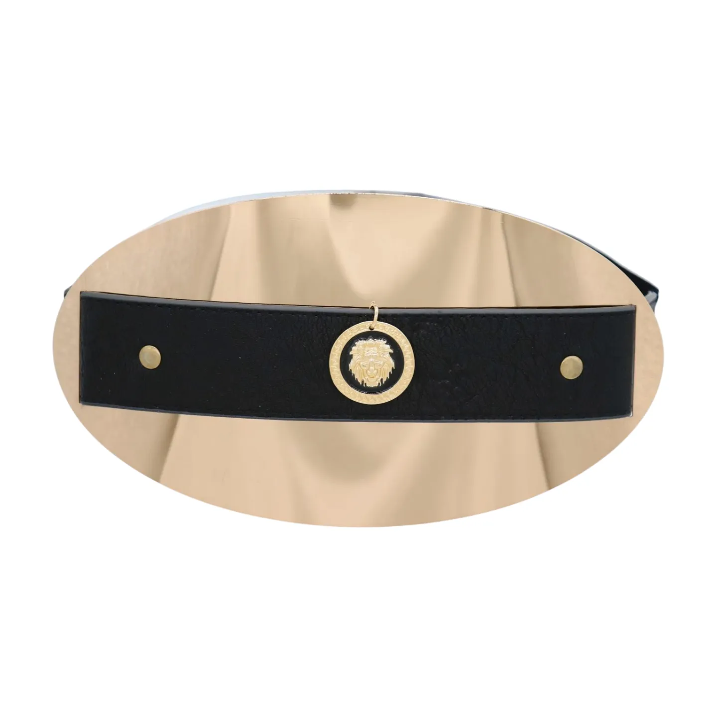 New Women Black Elastic Fashion Belt Hip Waist Gold Metal Big Oval Plate Lion Coin Adjustable Size S M