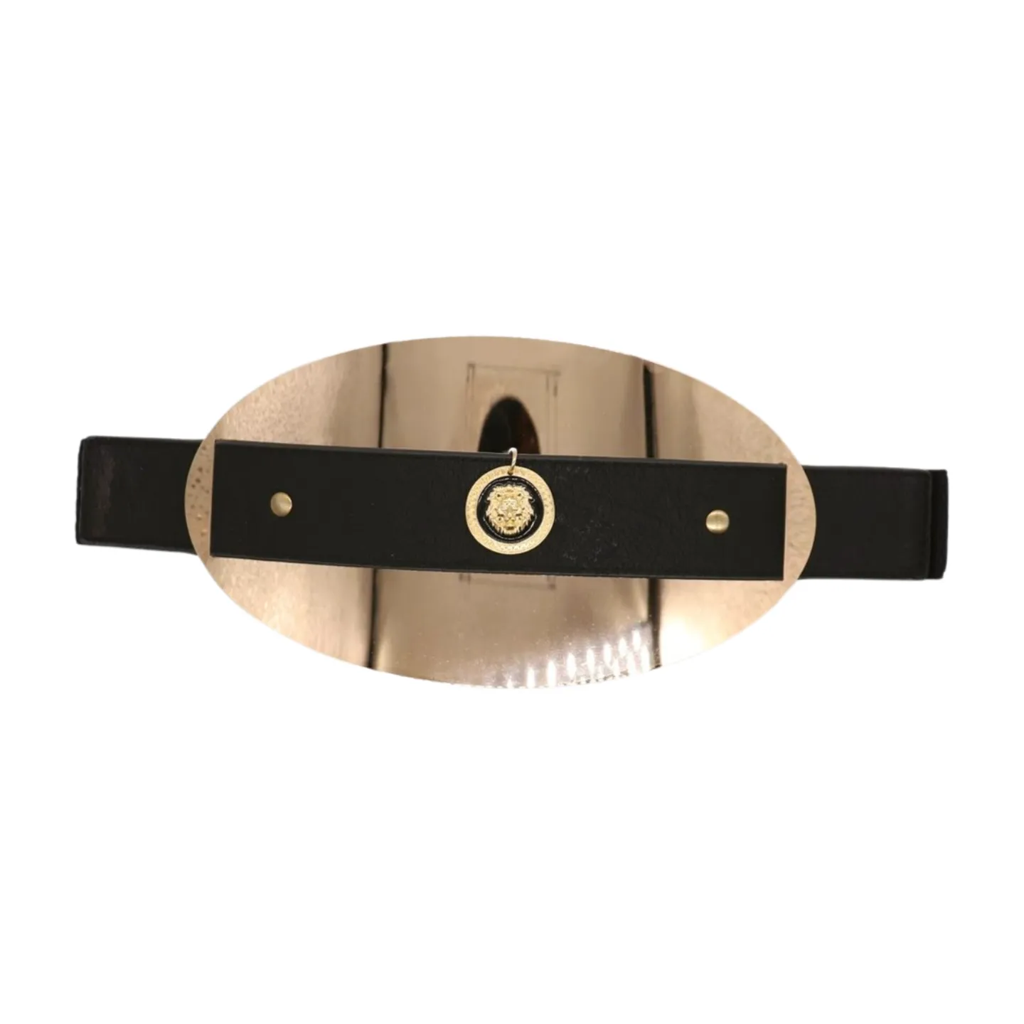 New Women Black Elastic Fashion Belt Hip Waist Gold Metal Big Oval Plate Lion Coin Adjustable Size S M