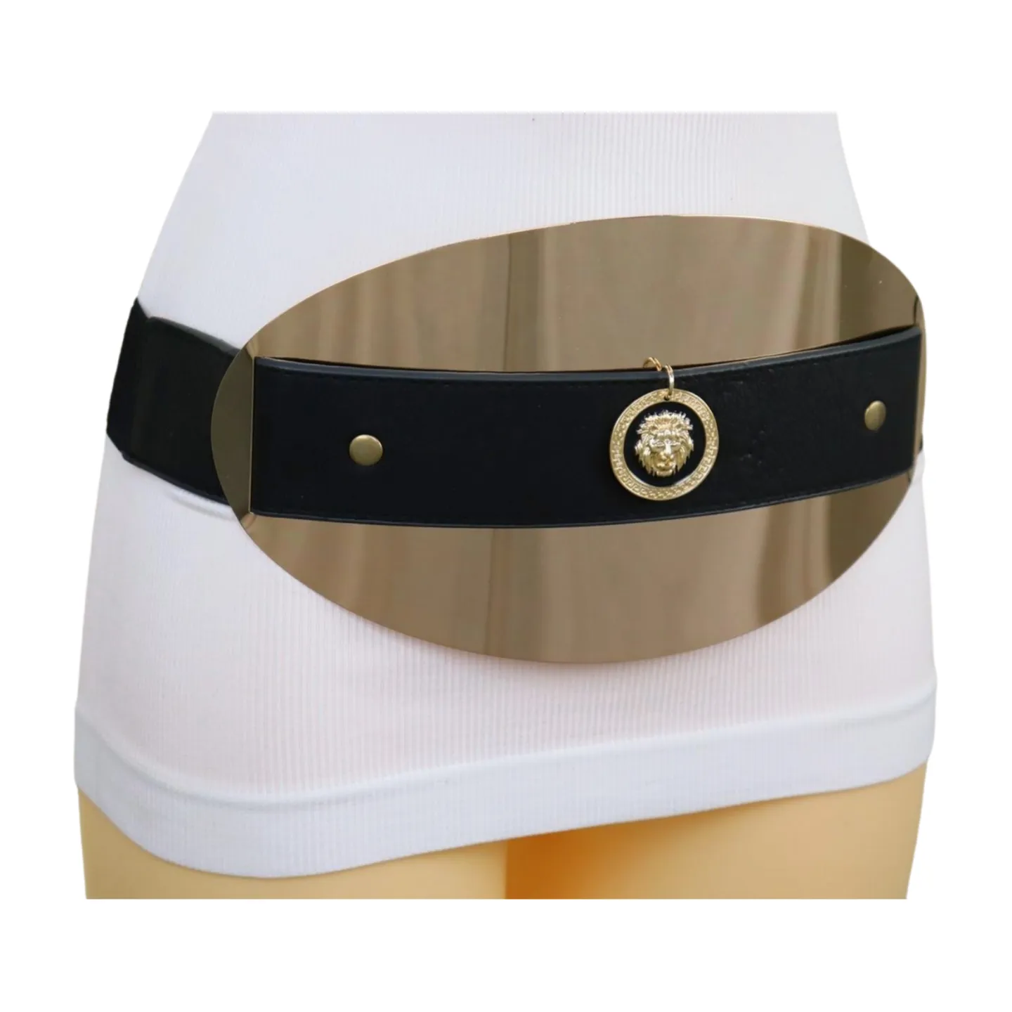New Women Black Elastic Fashion Belt Hip Waist Gold Metal Big Oval Plate Lion Coin Adjustable Size S M