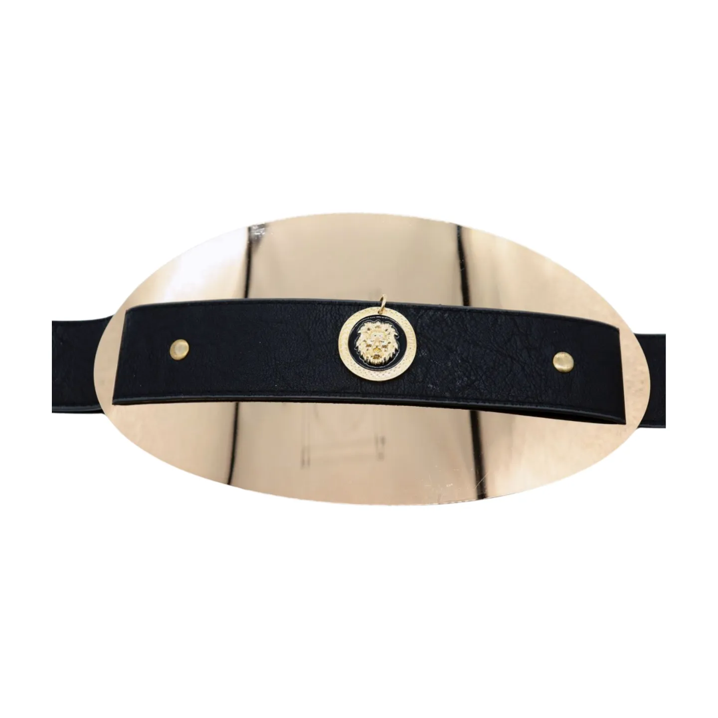 New Women Black Elastic Fashion Belt Hip Waist Gold Metal Big Oval Plate Lion Coin Adjustable Size S M