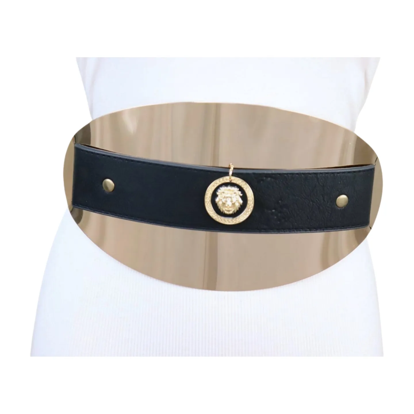 New Women Black Elastic Fashion Belt Hip Waist Gold Metal Big Oval Plate Lion Coin Adjustable Size S M