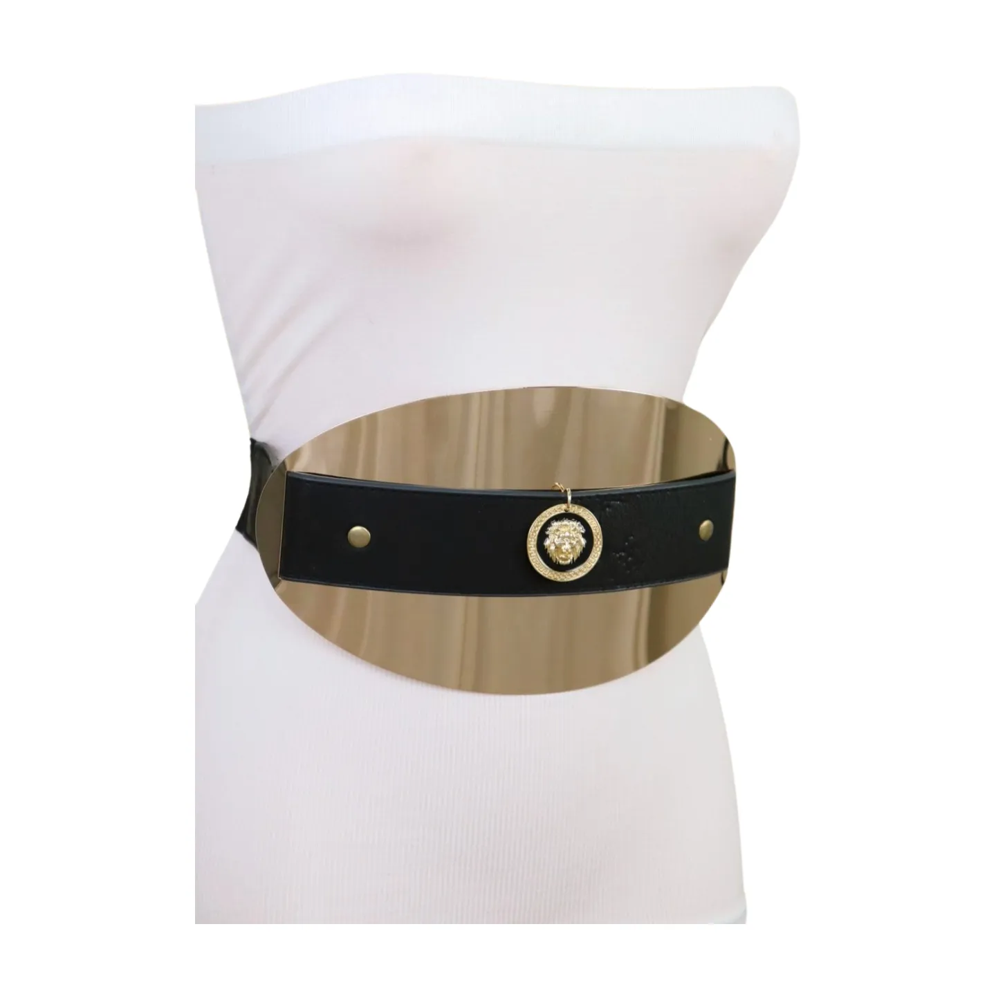 New Women Black Elastic Fashion Belt Hip Waist Gold Metal Big Oval Plate Lion Coin Adjustable Size S M
