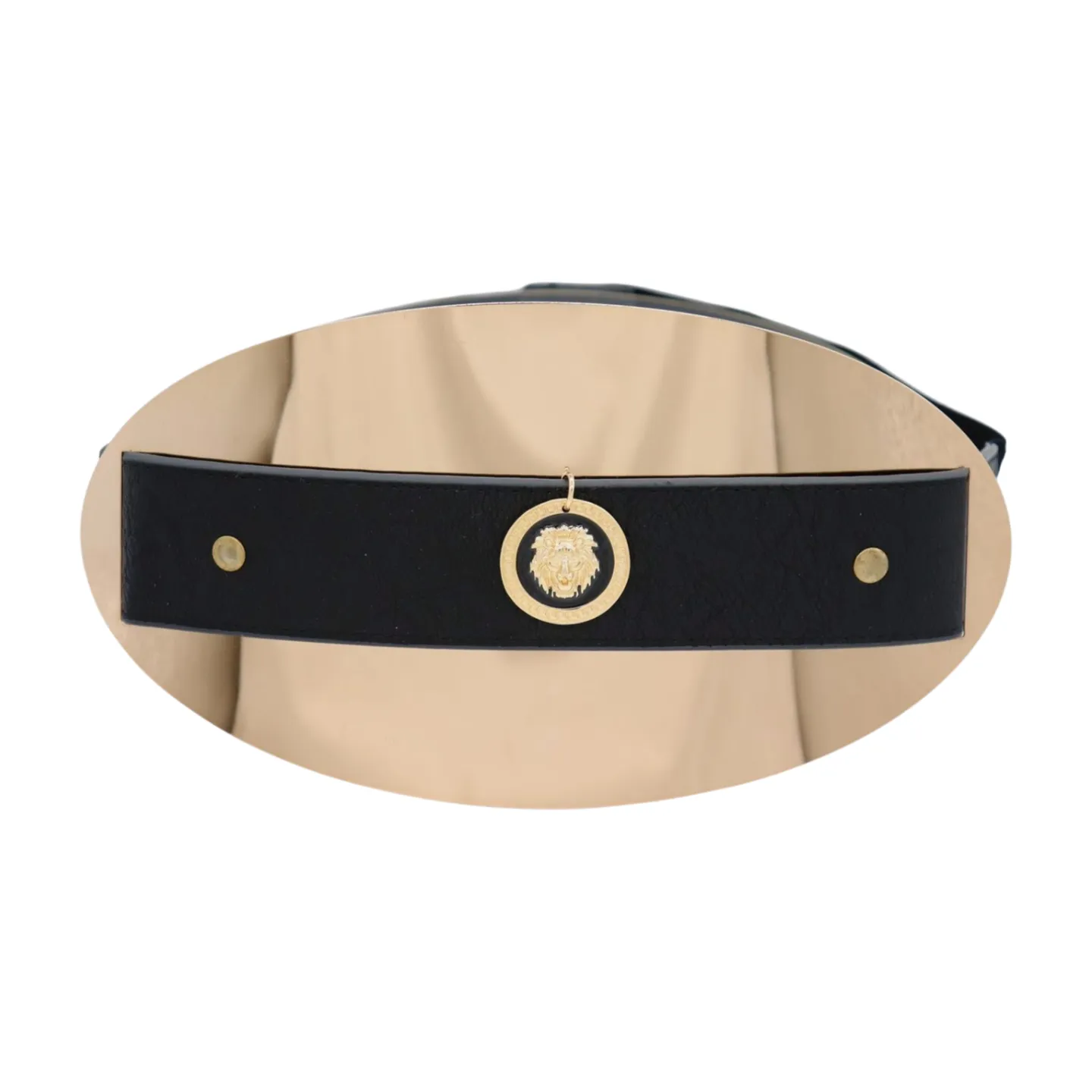 New Women Black Elastic Fashion Belt Hip Waist Gold Metal Big Oval Plate Lion Coin Adjustable Size S M