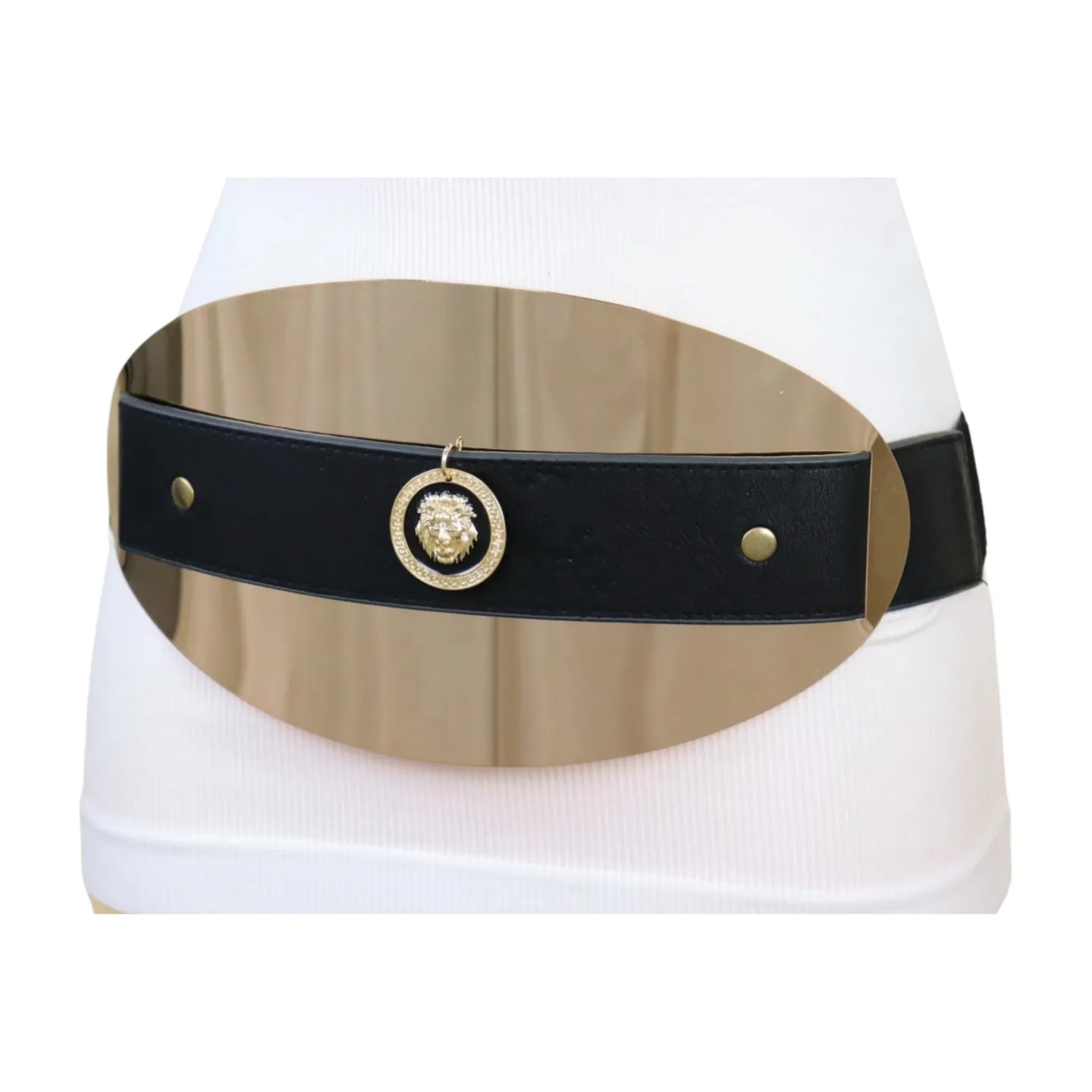 New Women Black Elastic Fashion Belt Hip Waist Gold Metal Big Oval Plate Lion Coin Adjustable Size S M