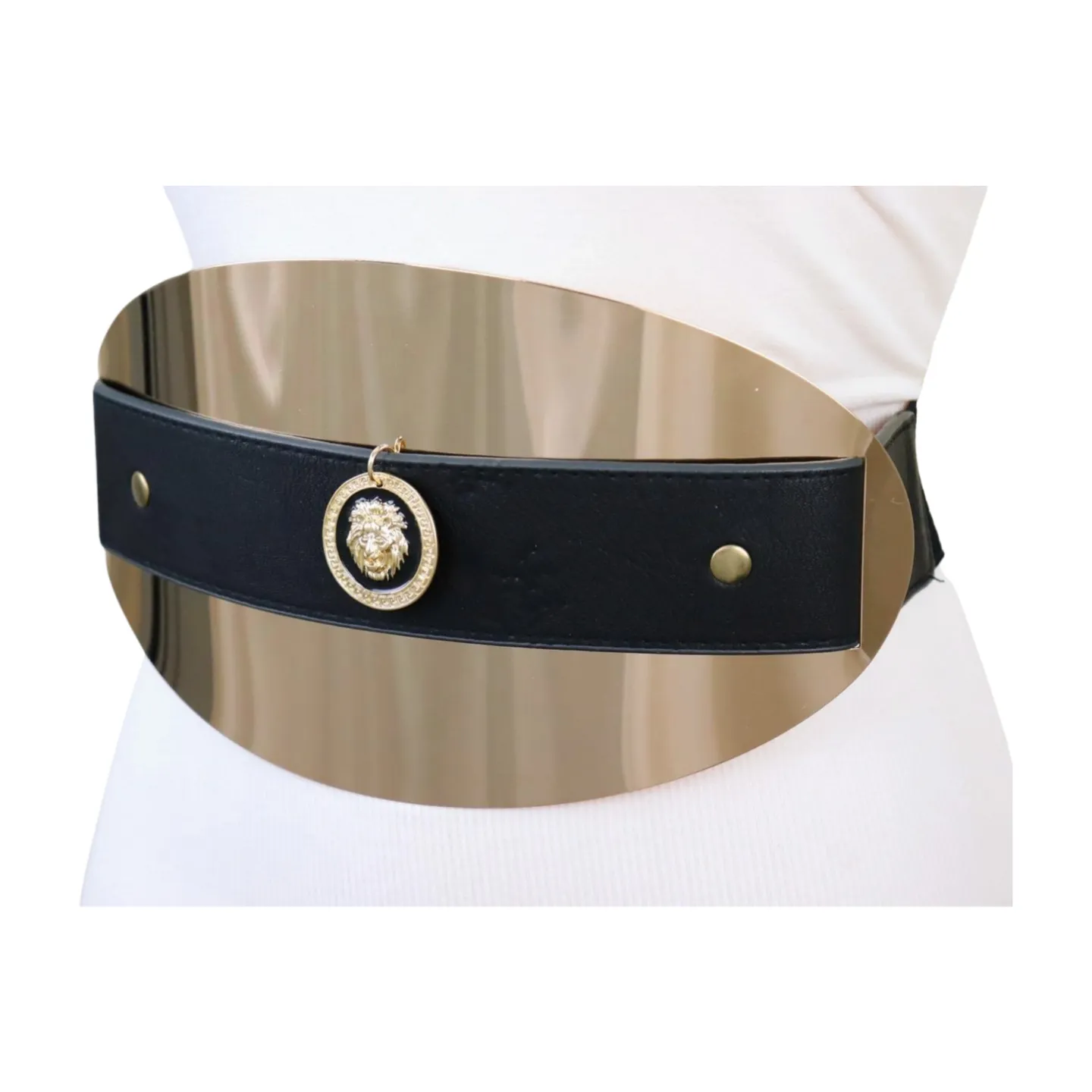 New Women Black Elastic Fashion Belt Hip Waist Gold Metal Big Oval Plate Lion Coin Adjustable Size S M