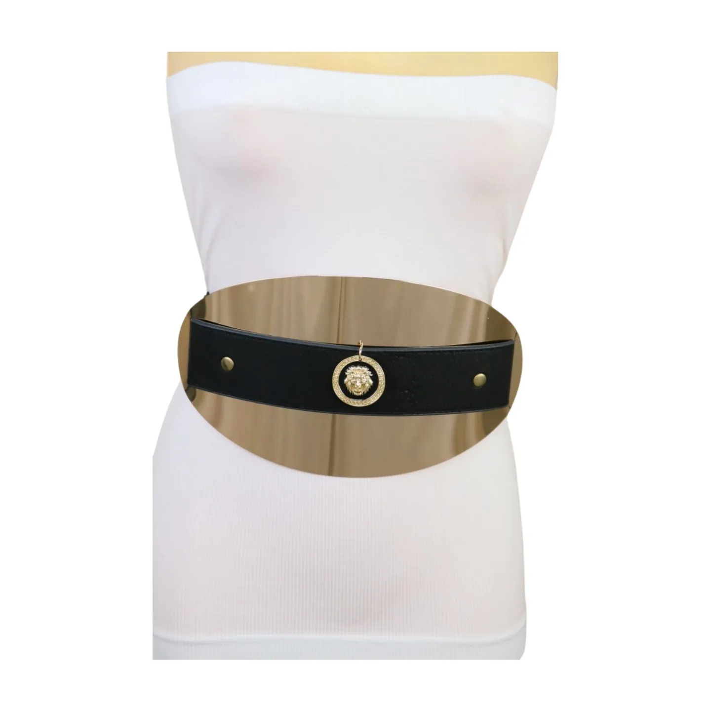 New Women Black Elastic Fashion Belt Hip Waist Gold Metal Big Oval Plate Lion Coin Adjustable Size S M