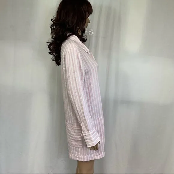 NEW Plush Apparel Pink White Striped Cotton &amp; Linen Pajamas Sleep Romper Small